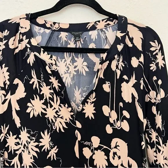 Ann Taylor Black Tan Floral Print Stretchy Long Sleeve Blouse Top Size SP - Picture 4 of 9